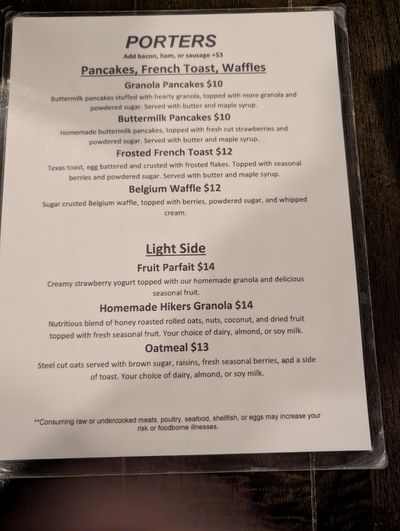 The back of the menu